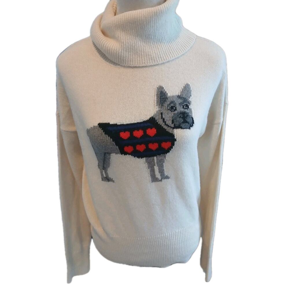C. Wonder French Bulldog Dog Red Heart Turtleneck Off White Ivory Sweater LARGE